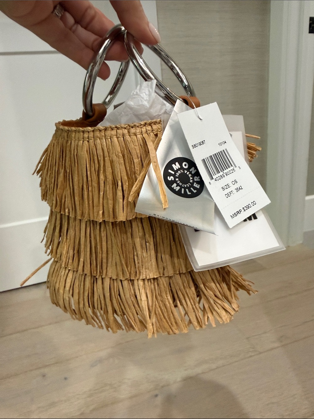 Simon Miller Tan Fringed Bucket Bag with Silver Ring Handles